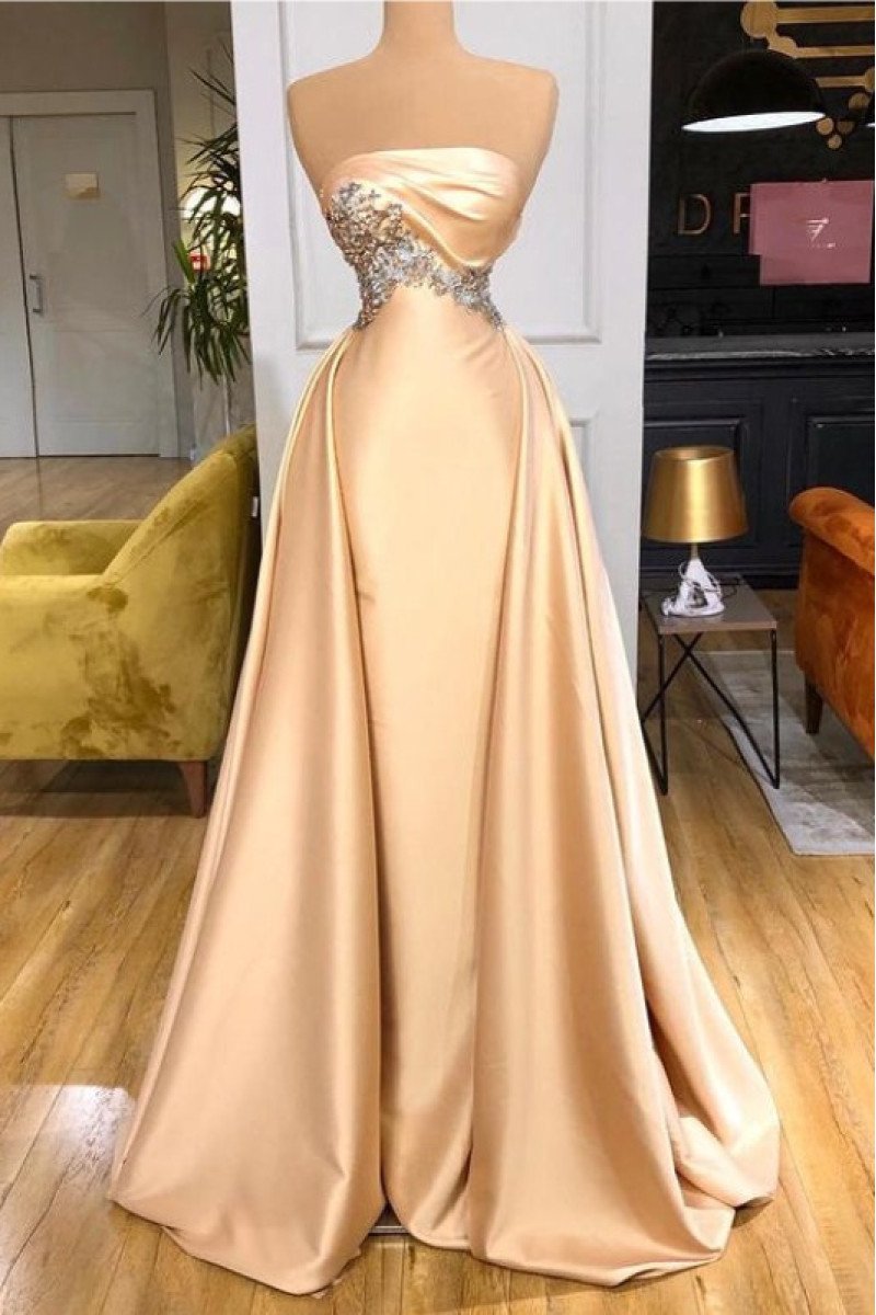 Lovely Champagne Strapless Court Train Sheath Prom Dresses With Crystal