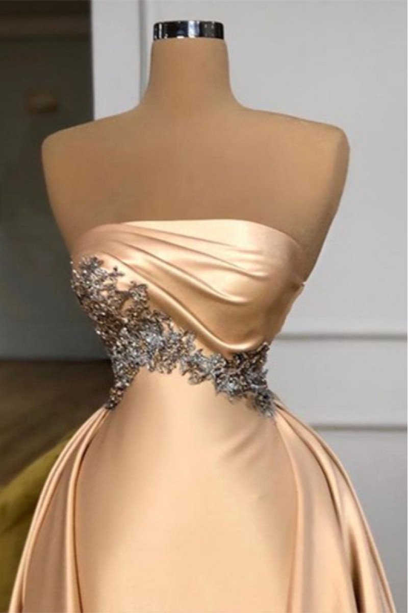 Lovely Champagne Strapless Court Train Sheath Prom Dresses With Crystal