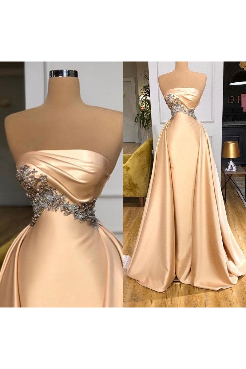 Lovely Champagne Strapless Court Train Sheath Prom Dresses With Crystal