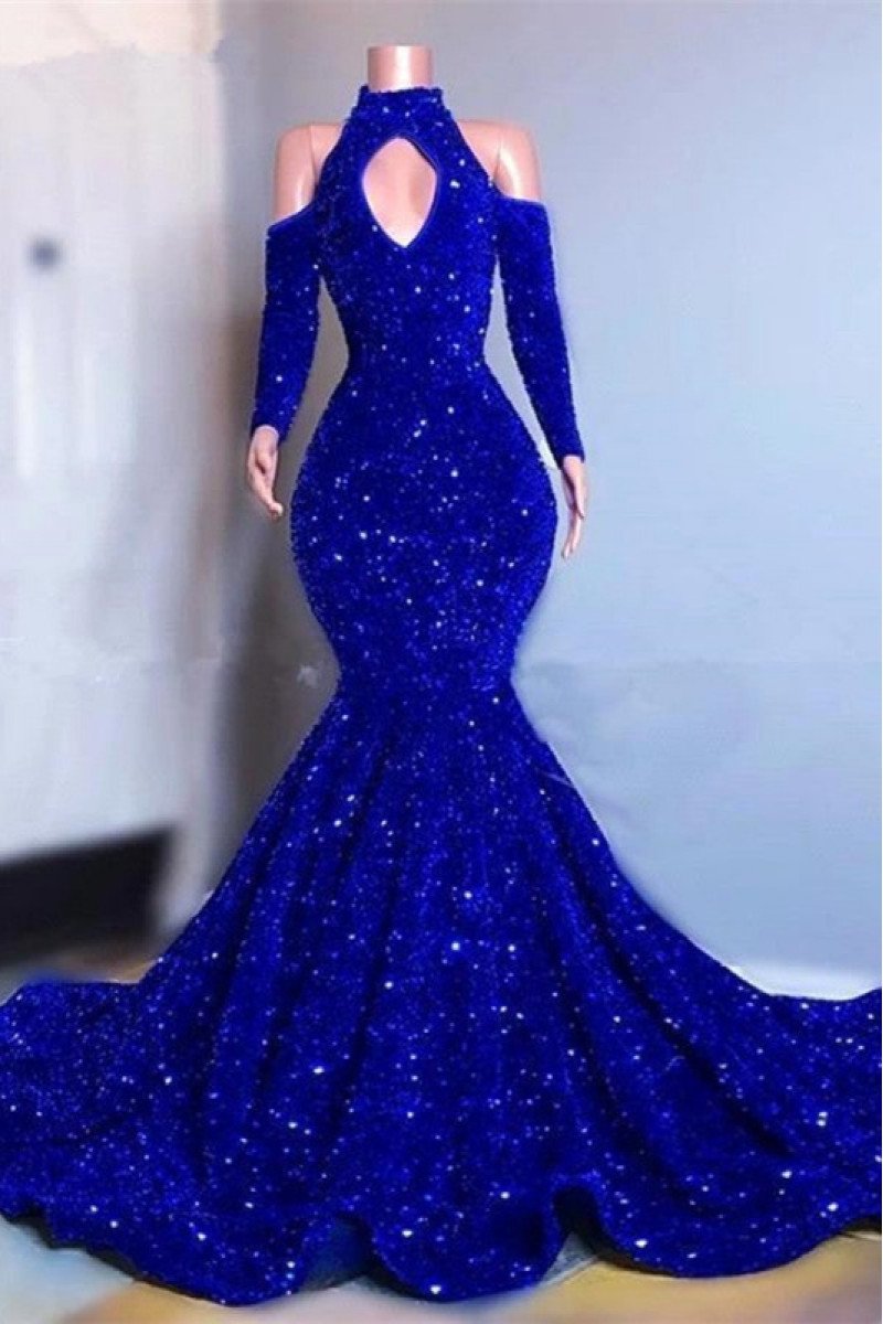 Gorgeous Royal Blue Halter Long Sleeves Sequins Mermaid Prom Dresses