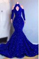 Gorgeous Royal Blue Halter Long Sleeves Sequins Mermaid Prom Dresses