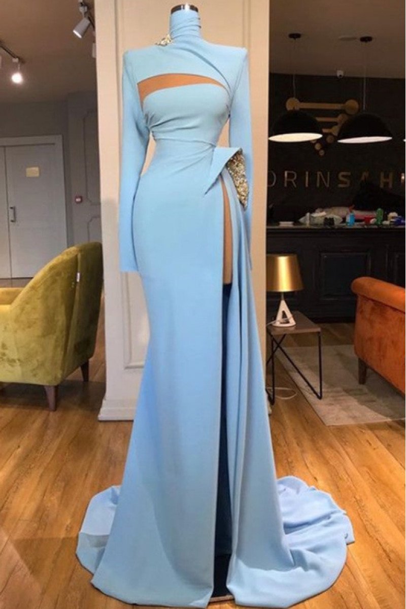 Generous Sky Blue High Neck Side Slit Sheath Prom Dresses With Crystal