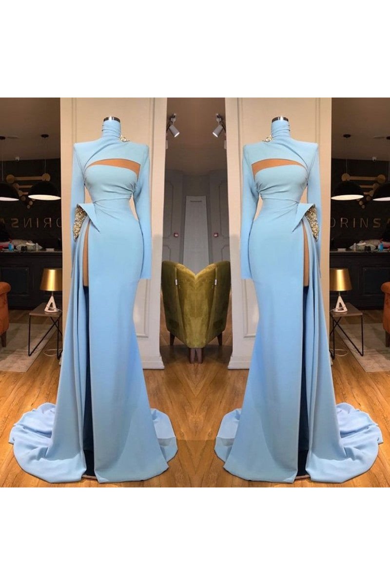 Generous Sky Blue High Neck Side Slit Sheath Prom Dresses With Crystal