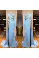 Generous Sky Blue High Neck Side Slit Sheath Prom Dresses With Crystal