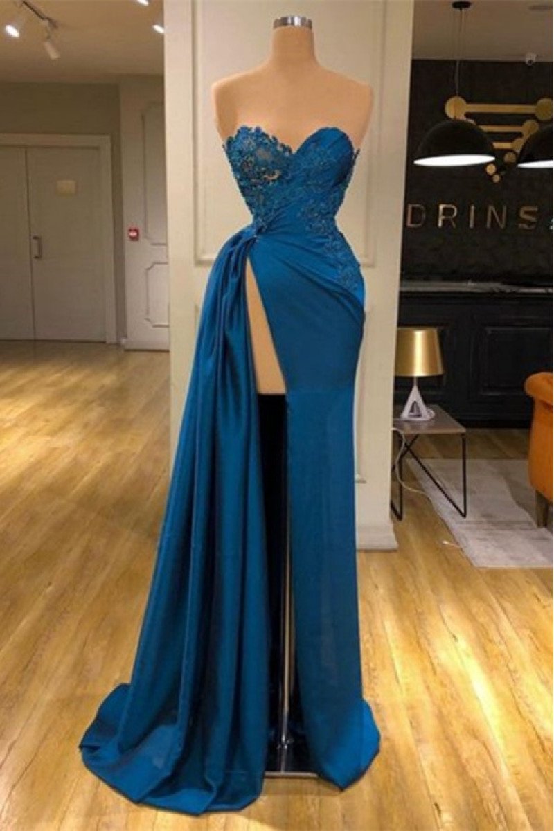 Fashion Dark Blue Sweetheart Side Slit Sheath Prom Dresses With Appliques