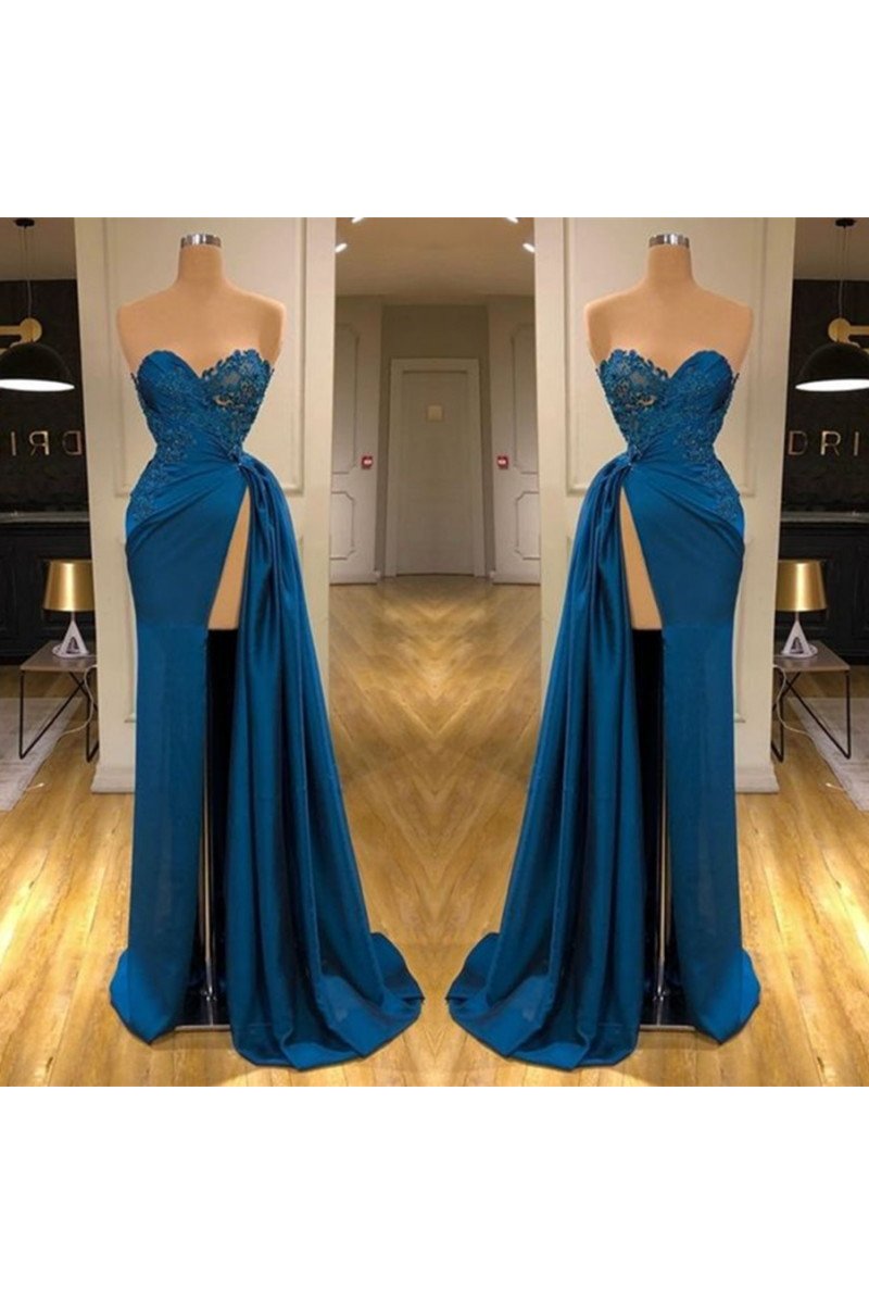 Fashion Dark Blue Sweetheart Side Slit Sheath Prom Dresses With Appliques