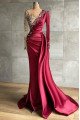 Special Burgundy V-neck Long Sleeves Sheath Prom Dresses With Crystal