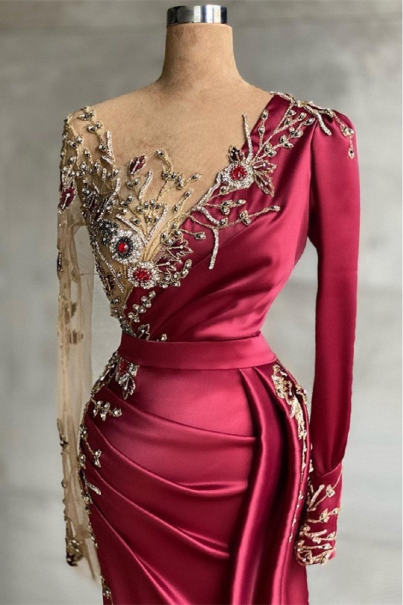 Special Burgundy V-neck Long Sleeves Sheath Prom Dresses With Crystal