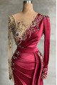 Special Burgundy V-neck Long Sleeves Sheath Prom Dresses With Crystal