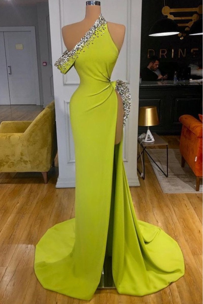 Sexy Light Green One Shoulder Side Slit Sheath Prom Dresses With Crystal