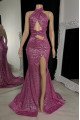 Sexy Fuchsia Halter Front Slit Sequins Mermaid Prom Dresses