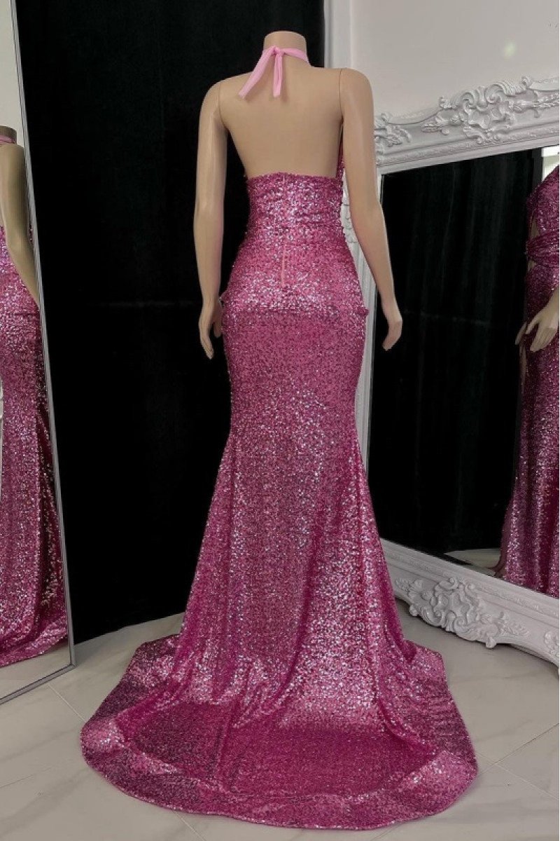 Sexy Fuchsia Halter Front Slit Sequins Mermaid Prom Dresses