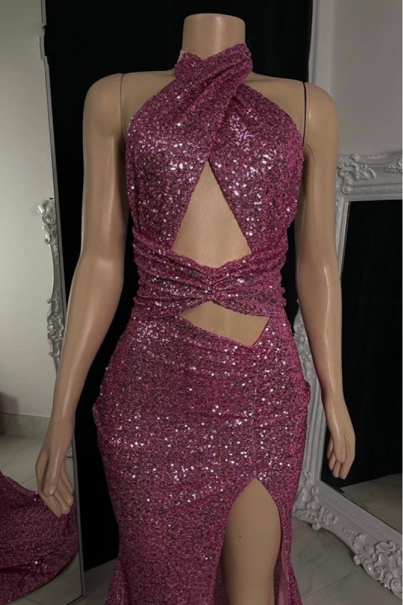 Sexy Fuchsia Halter Front Slit Sequins Mermaid Prom Dresses