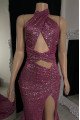 Sexy Fuchsia Halter Front Slit Sequins Mermaid Prom Dresses