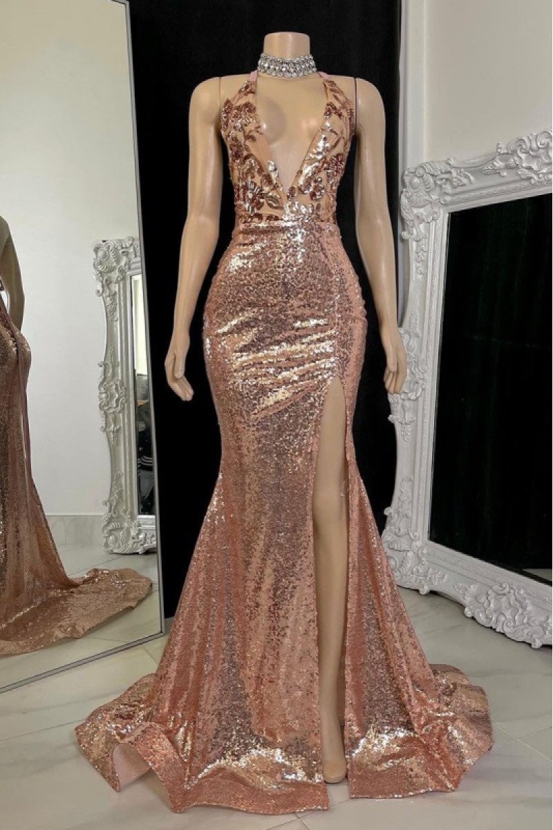 Sexy Rose Gold Halter Side Slit Sequins Mermaid Prom Dresses