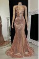 Sexy Rose Gold Halter Side Slit Sequins Mermaid Prom Dresses