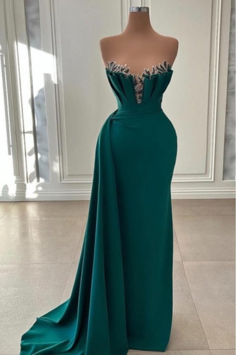 Fancy Dark Green Strapless Court Train Sheath Prom Dresses With Appliques