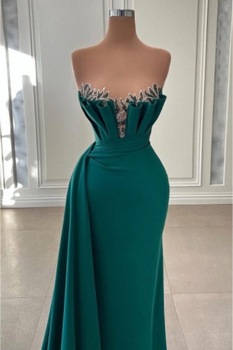 Fancy Dark Green Strapless Court Train Sheath Prom Dresses With Appliques