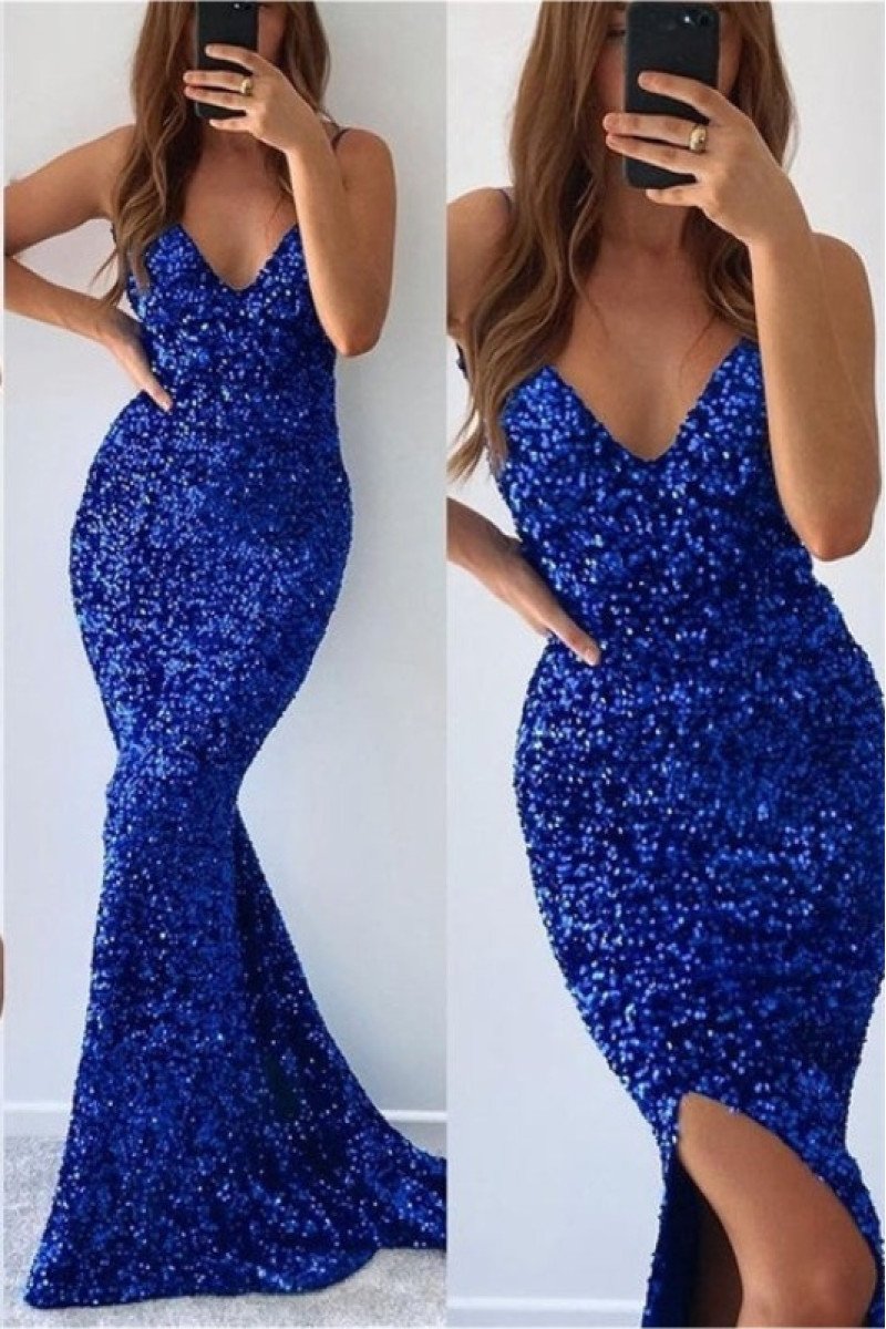 Sparkle Royal Blue Spaghetti Straps Backless Sequins Mermaid Prom Dresses