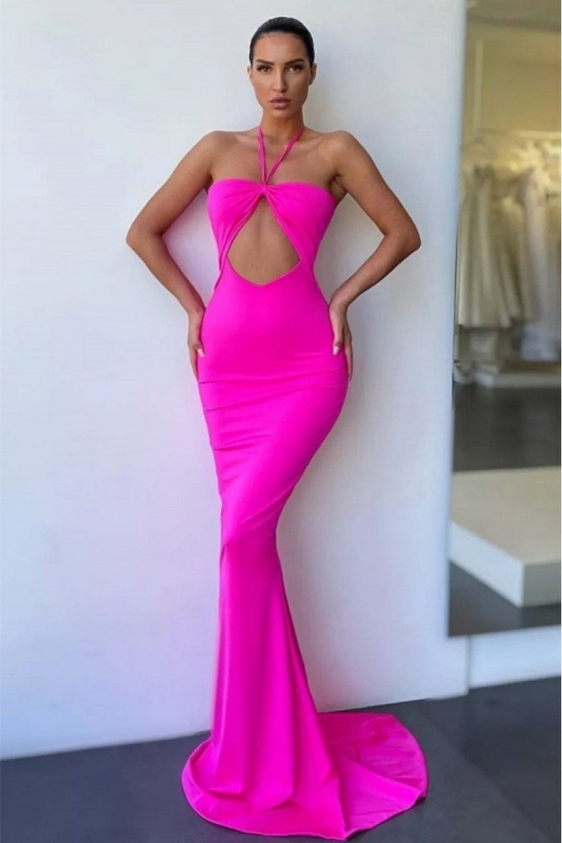 Fashion Fuchsia Halter Sheath Prom Dresses With Keyhole