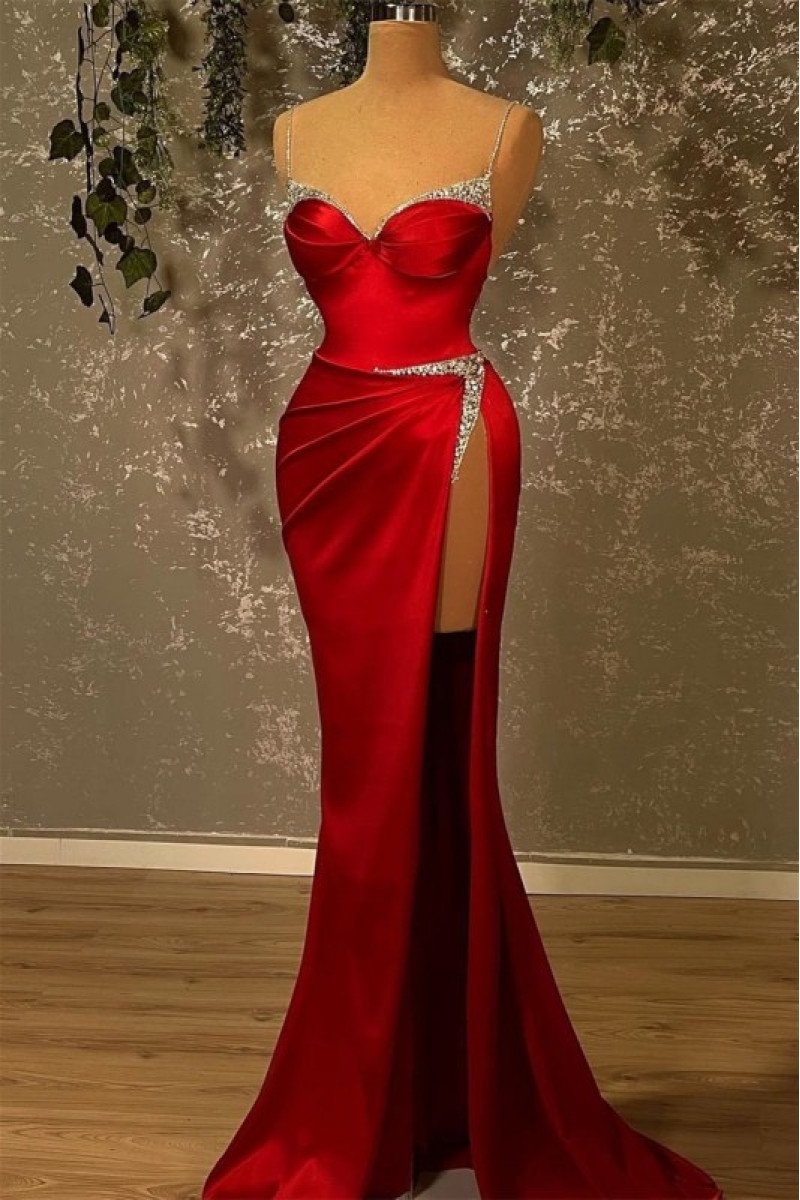 Charming Burgundy Spaghetti Straps Side Slit Sheath Prom Dresses With Crystal