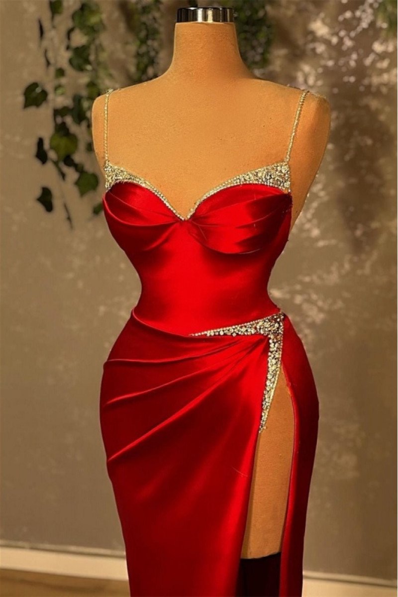 Charming Burgundy Spaghetti Straps Side Slit Sheath Prom Dresses With Crystal