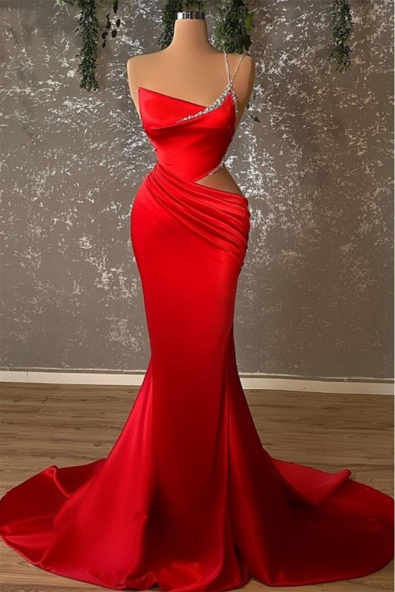 Sexy Red One Shoulder Mermaid Prom Dresses With Court Train