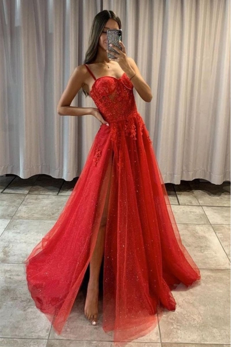 Lovely Red Spaghetti Strap Side Slit A-line Prom Dresses With Appliques