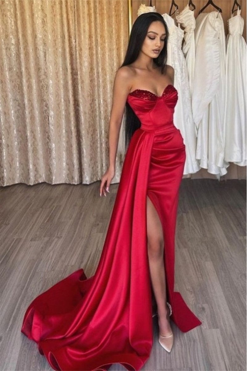 Sexy Burgundy Sweetheart Side Slit Sheath Prom Dresses With Court Train