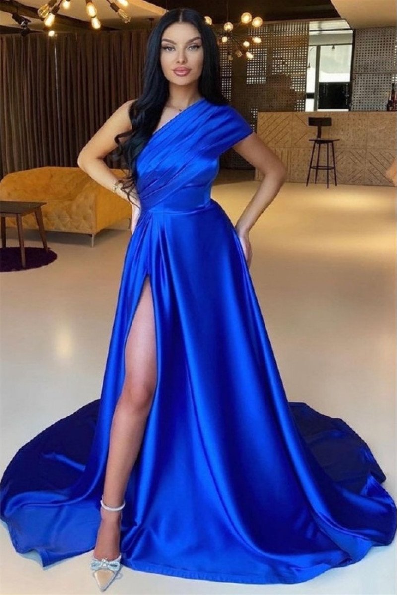 Simple Royal Blue One Shoulder A-line Prom Dresses With Court Train