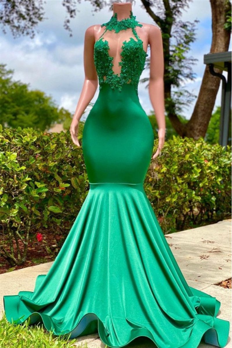 Sexy Green Halter Backless Mermaid Prom Dresses With Appliques