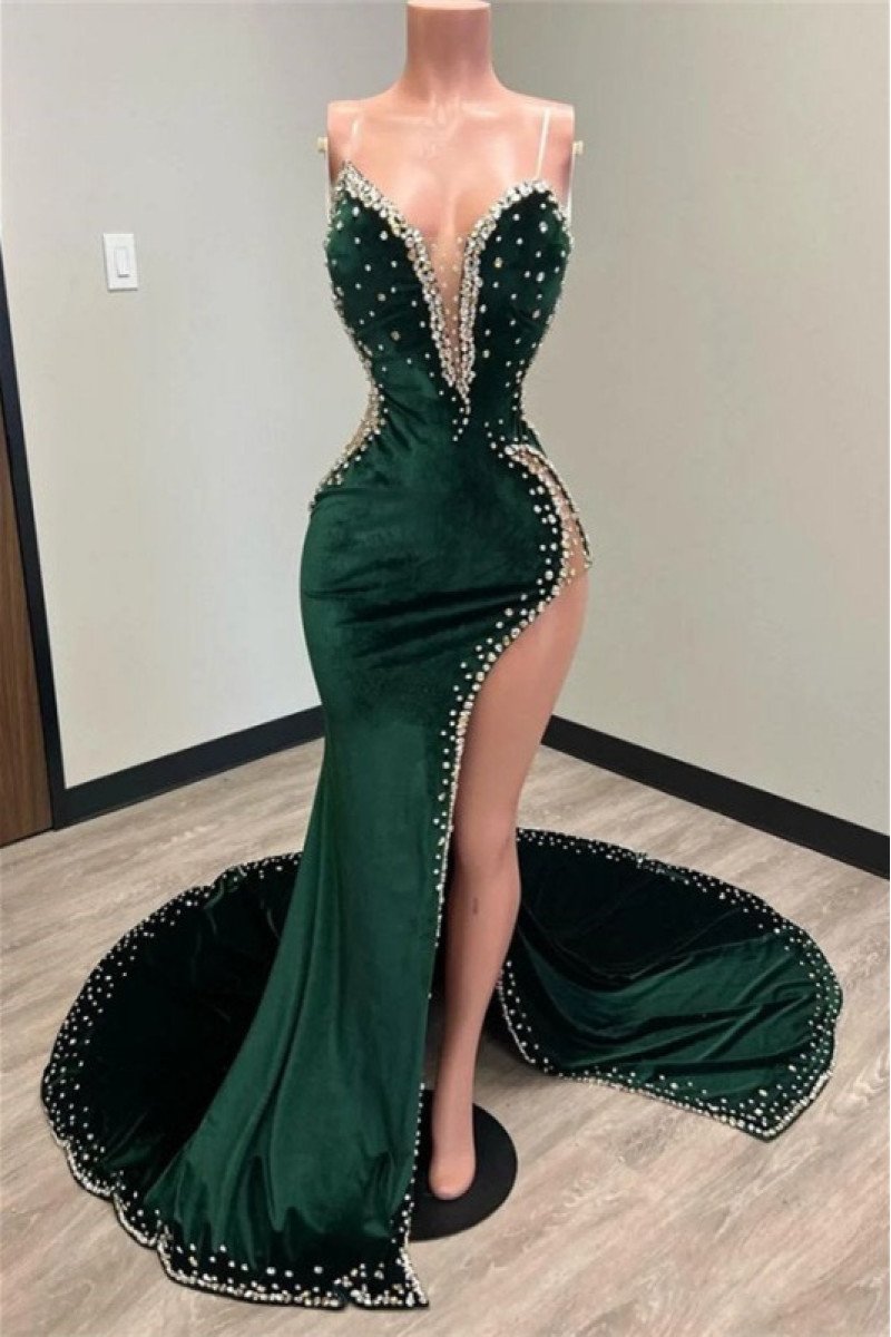 Sexy Dark Green Sweetheart Side Slit Velvet Sheath Prom Dresses With Beaded