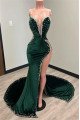 Sexy Dark Green Sweetheart Side Slit Velvet Sheath Prom Dresses With Beaded