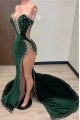 Sexy Dark Green Sweetheart Side Slit Velvet Sheath Prom Dresses With Beaded