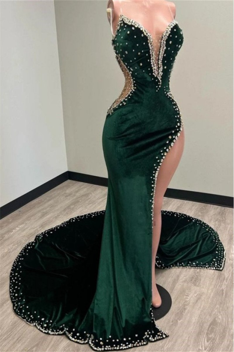 Sexy Dark Green Sweetheart Side Slit Velvet Sheath Prom Dresses With Beaded