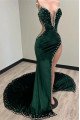 Sexy Dark Green Sweetheart Side Slit Velvet Sheath Prom Dresses With Beaded