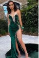 Sexy Dark Green Sweetheart Side Slit Velvet Sheath Prom Dresses With Beaded