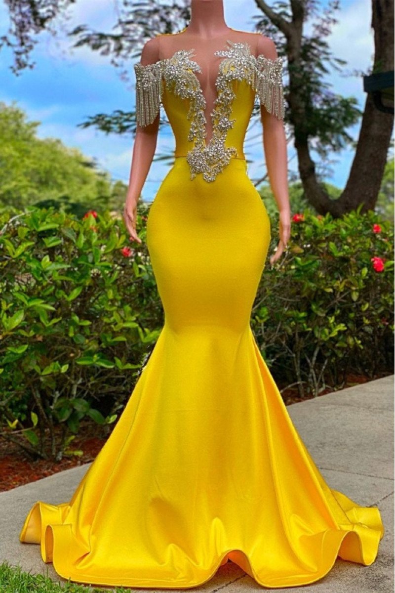 Modern Yellow Off Shoulder Beading Mermaid Prom Dresses With Crystal