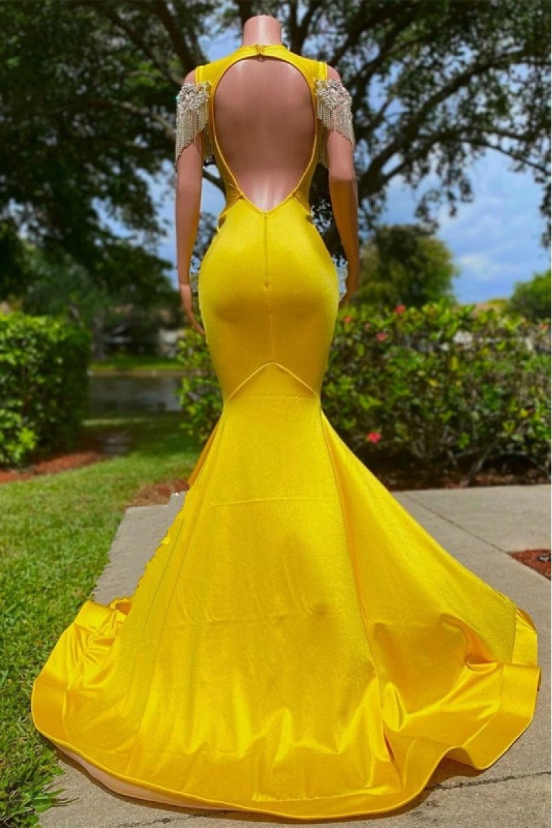 Modern Yellow Off Shoulder Beading Mermaid Prom Dresses With Crystal