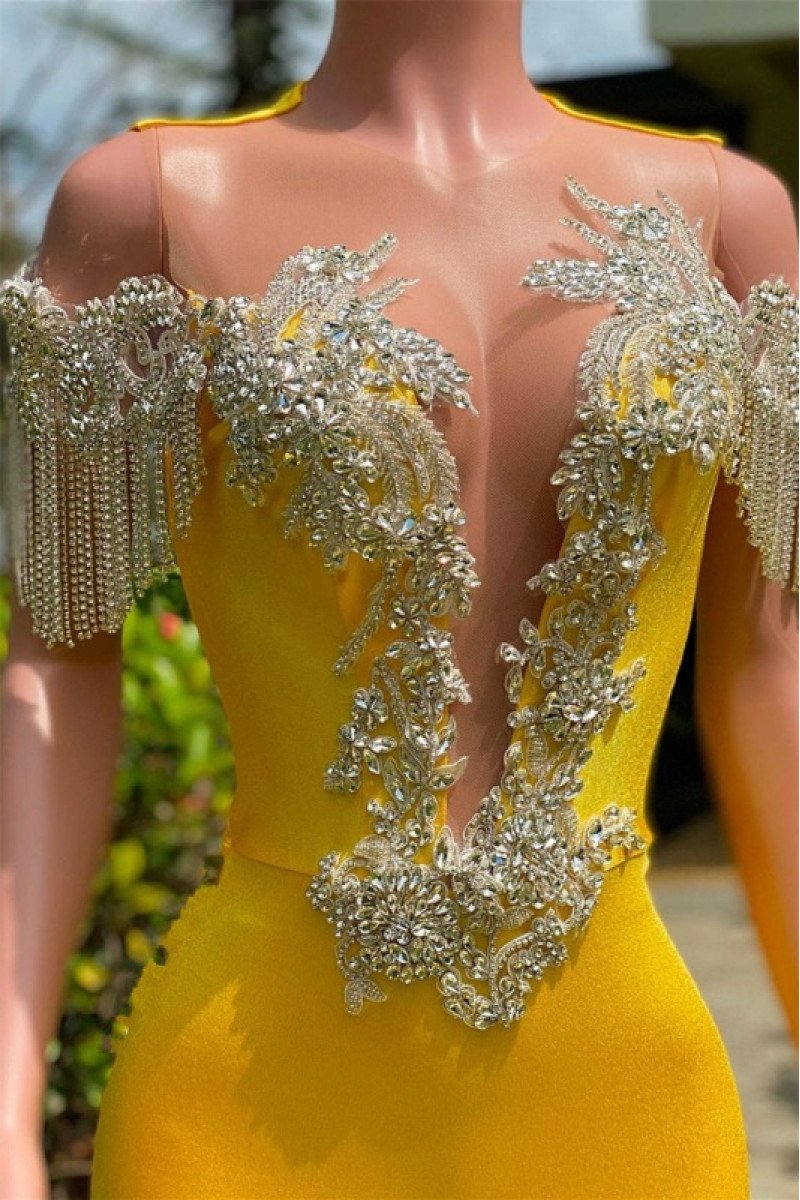 Modern Yellow Off Shoulder Beading Mermaid Prom Dresses With Crystal