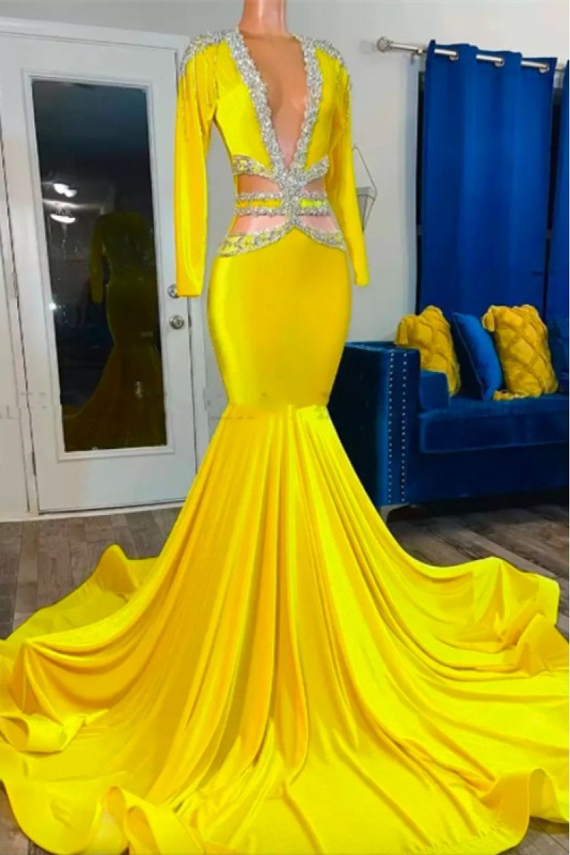 Elegant Yellow V-neck Long Sleeves Mermaid Prom Dresses With Appliques