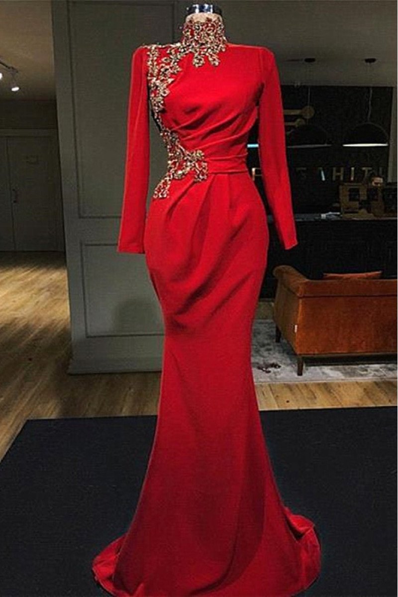 Classical Burgundy High Neck Long Sleeves Sheath Prom Dresses With Crystal