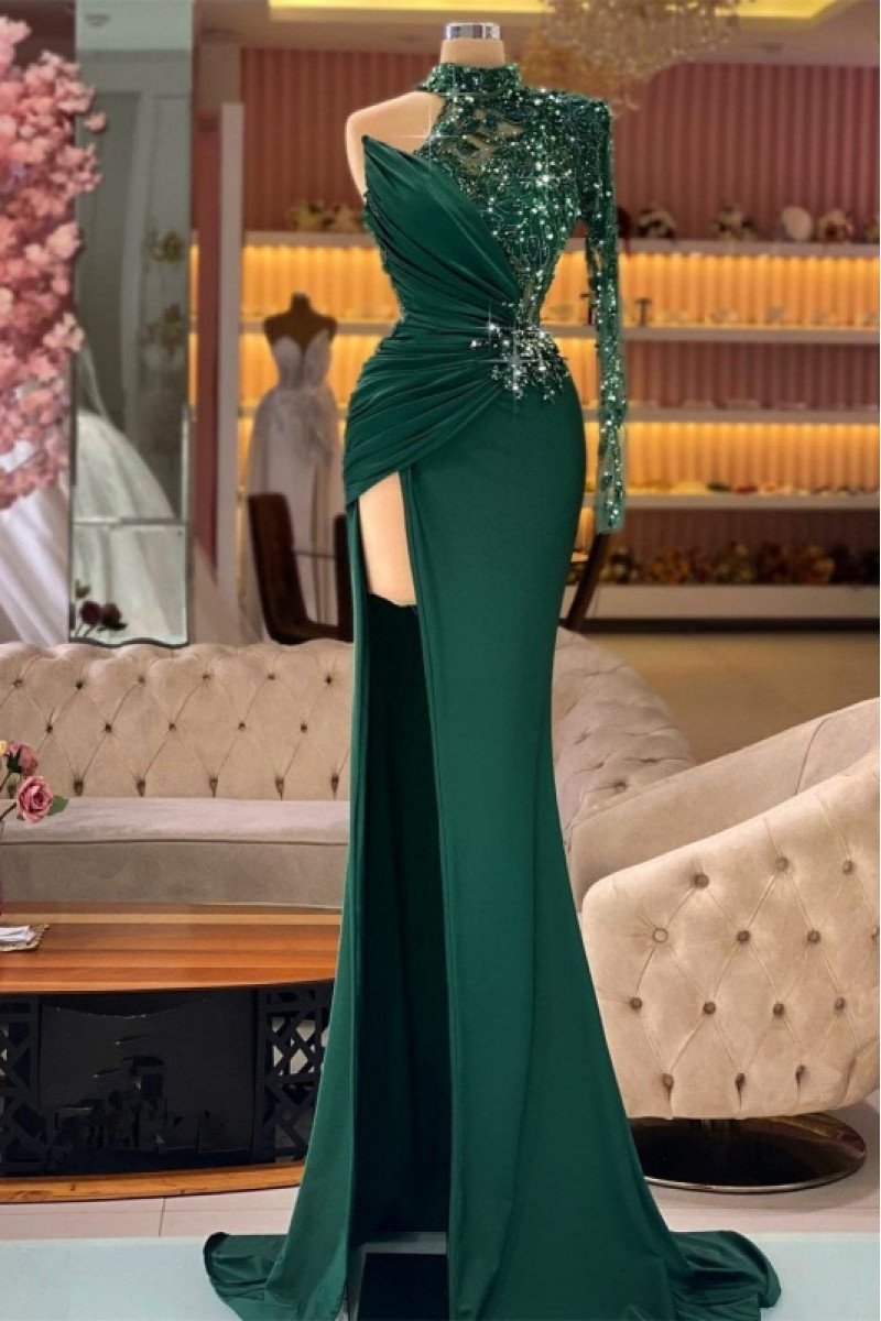 Sparkle Dark Green One Shoulder Side Slit Sheath Prom Dresses With Crystal