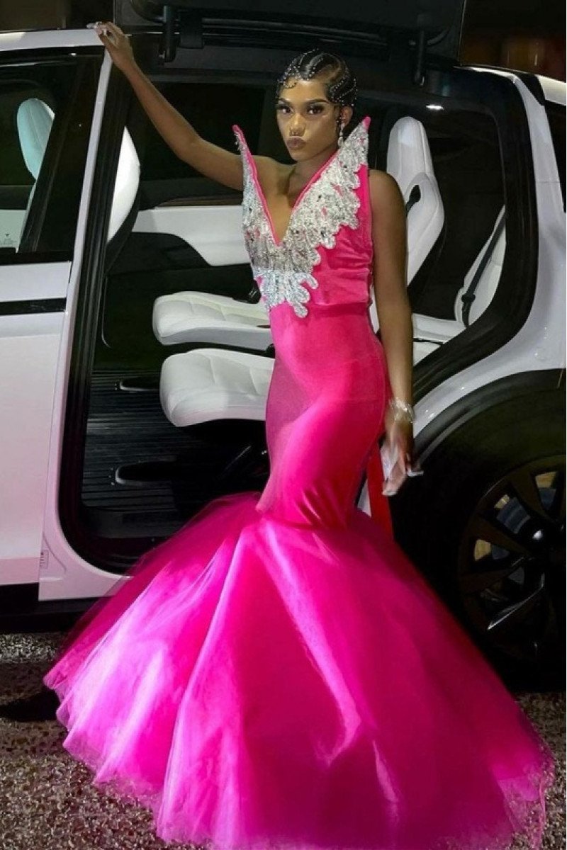 Fashion Fuchsia V-neck Puffy Layers Mermaid Prom Dresses With Appliques