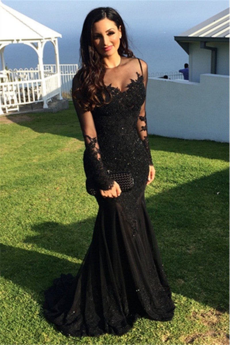 Fashion Black Jewel Long Sleeves Appliques Mermaid Prom Dresses