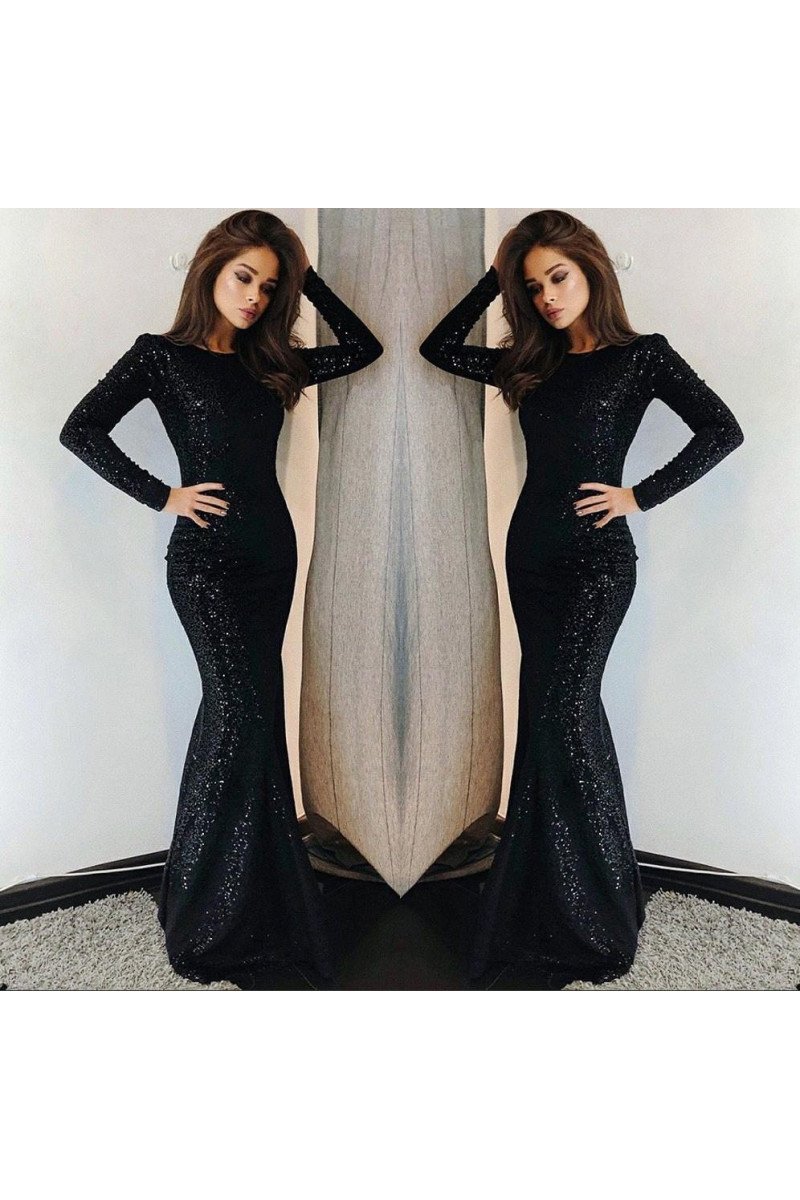 Beautiful Black Jewel Long Sleeves Sequins Sheath Prom Dresses