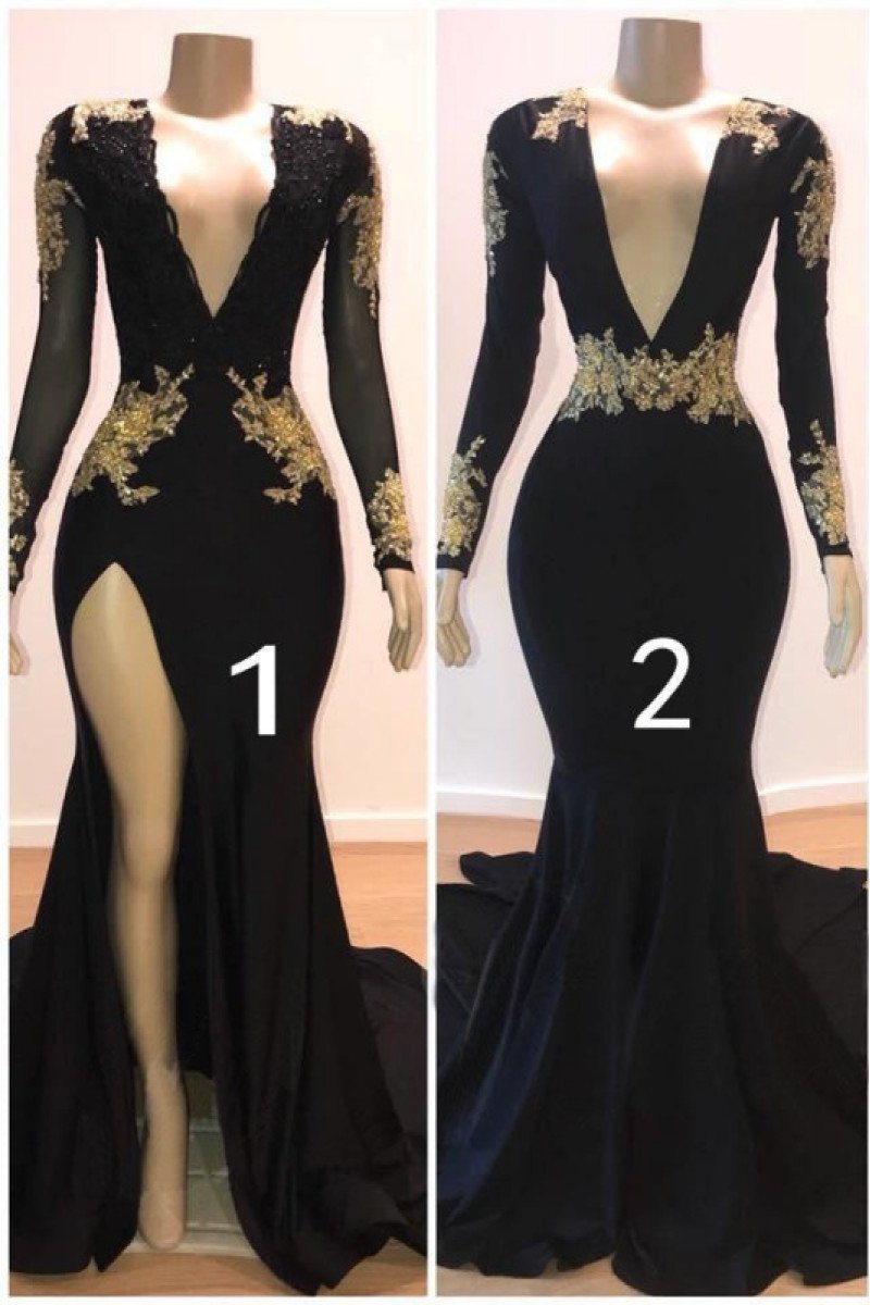 Sexy Black V-neck Long Sleeves Mermaid Prom Dresses With Appliques