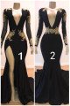 Sexy Black V-neck Long Sleeves Mermaid Prom Dresses With Appliques