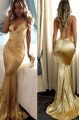 Sexy Champagne Spaghetti Straps Backless Sheath Prom Dresses