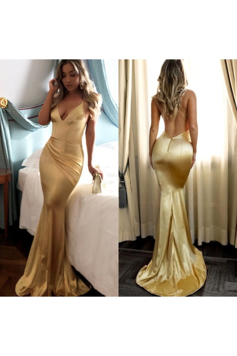 Sexy Champagne Spaghetti Straps Backless Sheath Prom Dresses